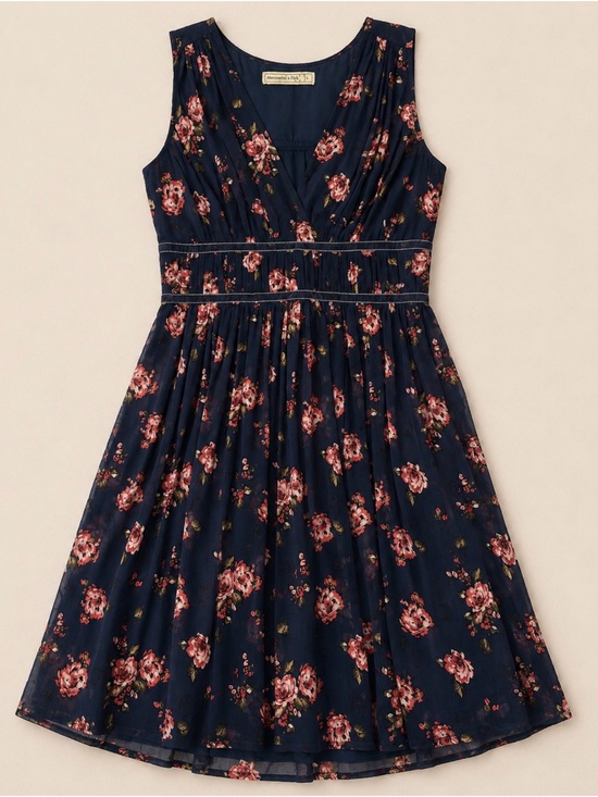 Abercrombie & Fitch Dresses & Skirts - Abercrombie & Fitch Y2K 2000’s Navy Floral Velvet Trim Midi Dress L